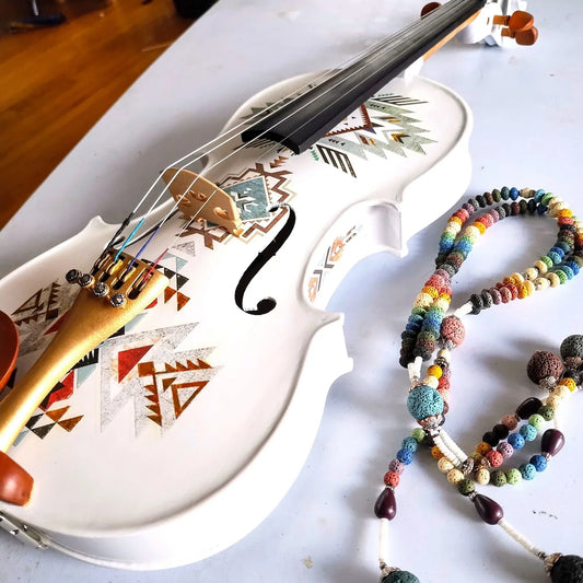 Native American Spirit Violin Outfit | Robin Egg Blue & Gold Motif, Crystal Tuners - Rozanna's Violins