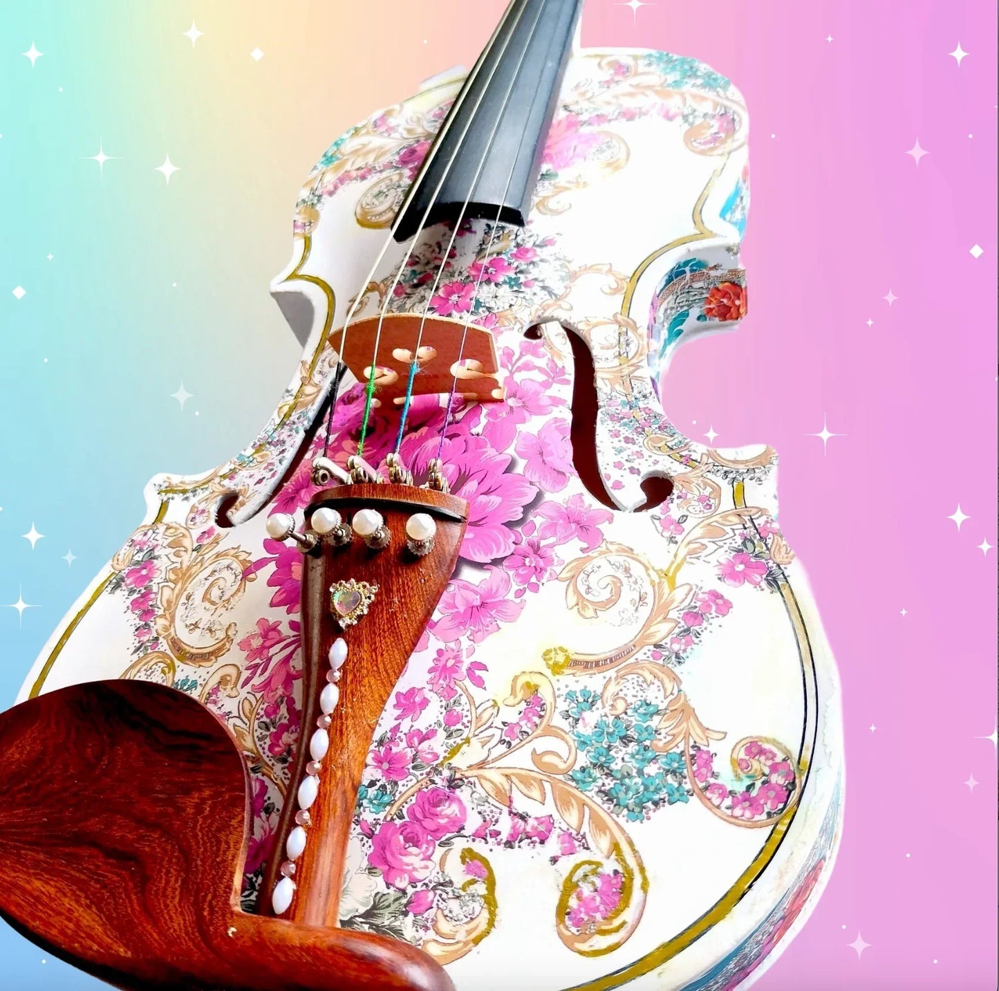 Gilded Age Violin Outfit | Crystal & Pearl Tailpiece, Carbon Fiber Bow - Rozanna's Violins
