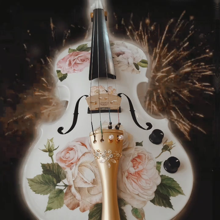 Rose Delight Electric Acoustic Violin Outfit w Matching Carbon Fiber Bow, featuring elegant design and premium accessories.