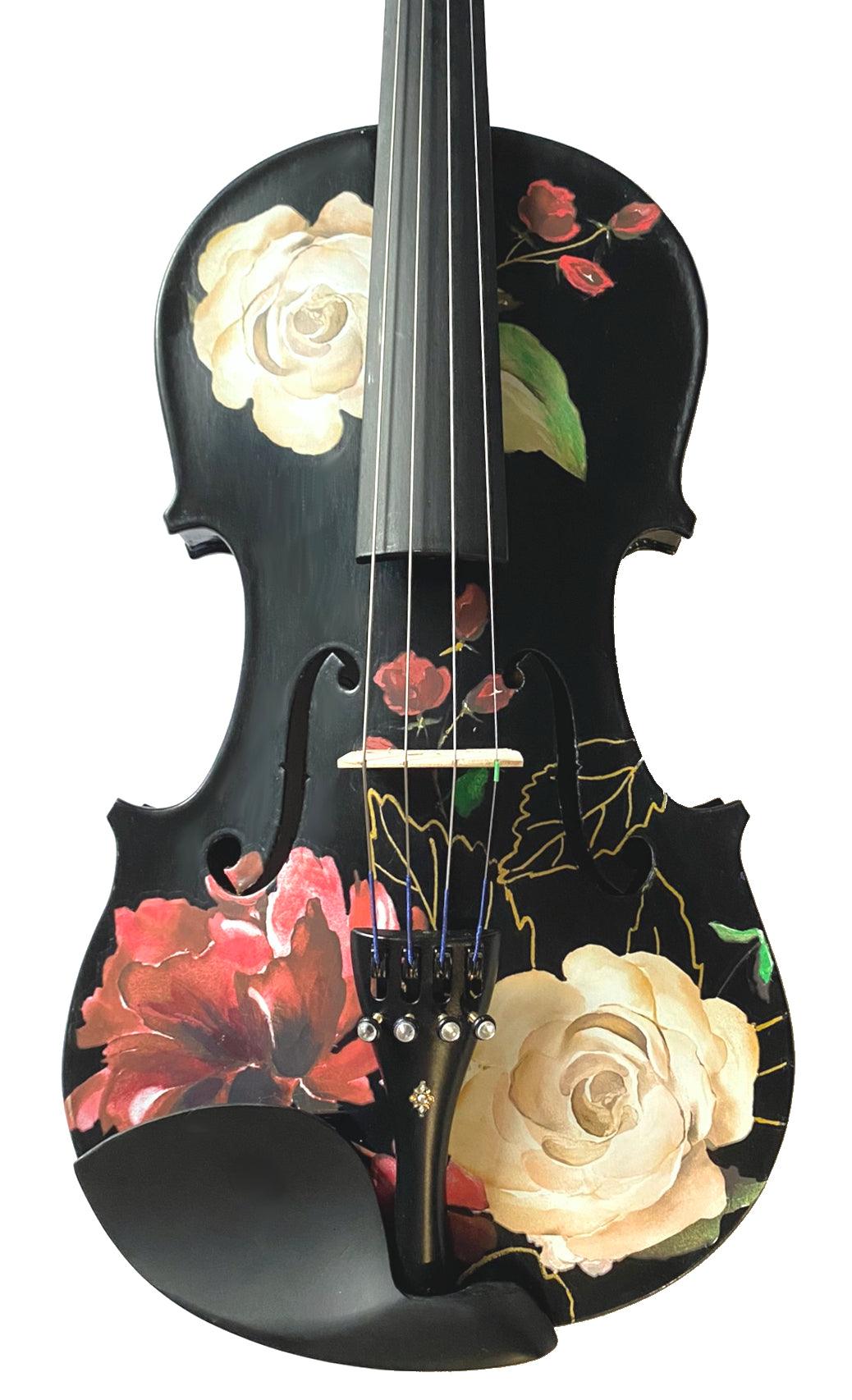 Rozanna's Rose Delight Black Violin Outfit w Matching Carbon Fiber Bow Case features elegant floral designs and premium accessories.