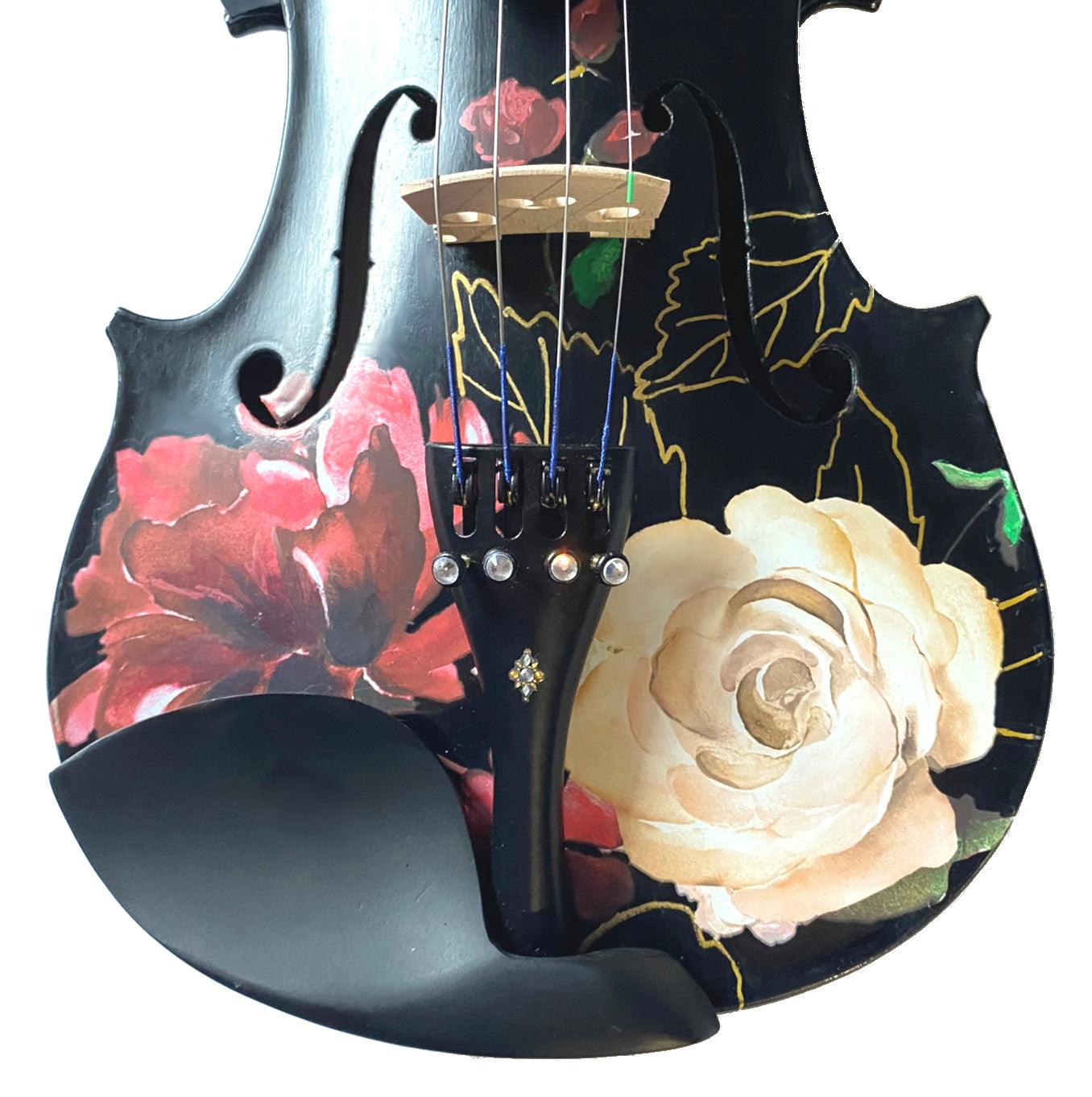 Rozanna's Rose Delight Black Violin Outfit w Matching Carbon Fiber Bow Case, featuring stunning rose artwork and fine tuners.