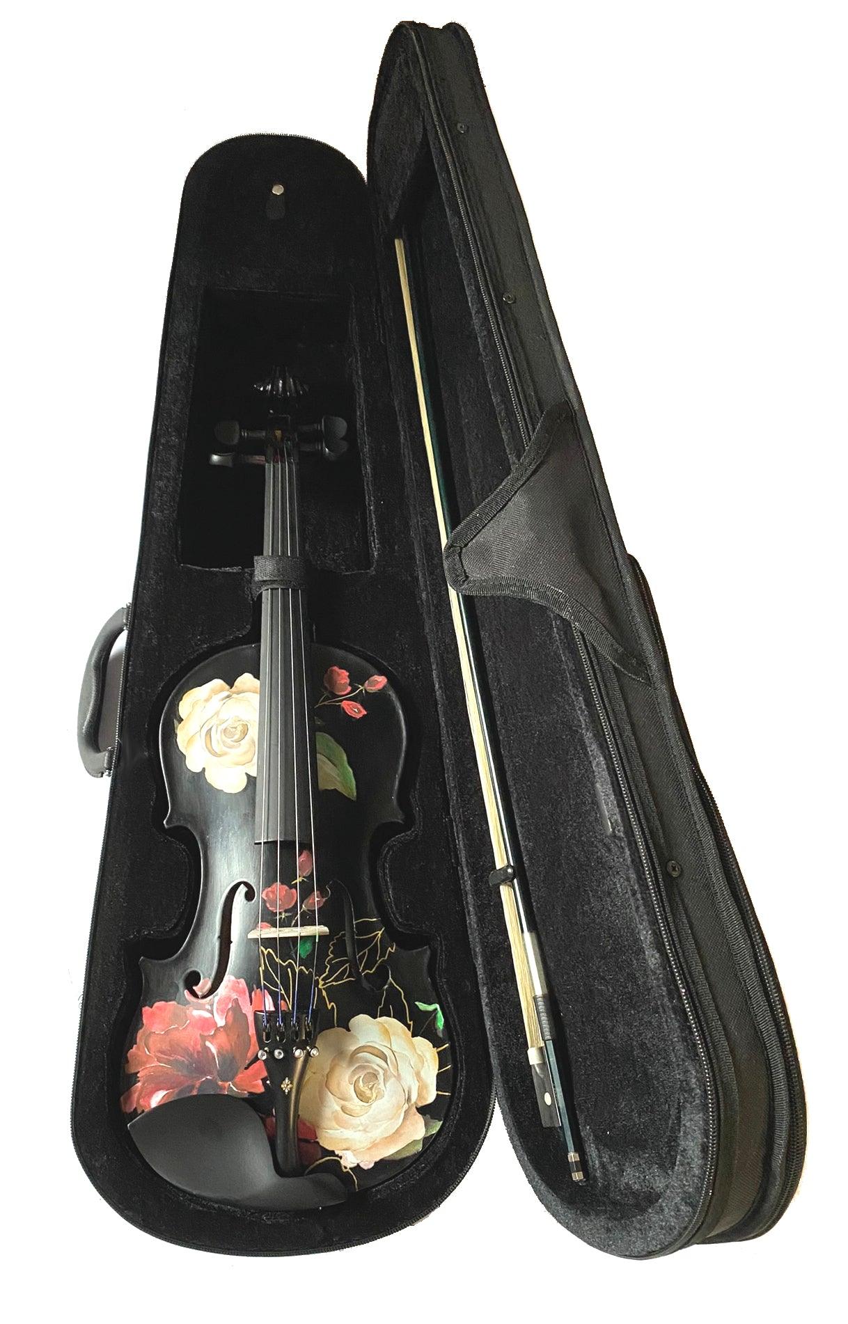 Rozanna's Rose Delight Black Violin Outfit w Matching Carbon Fiber Bow Case features stunning rose designs and fine tuners.