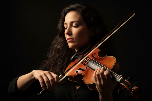 Close-up of a woman playing viola with peaceful expression, classical music concept