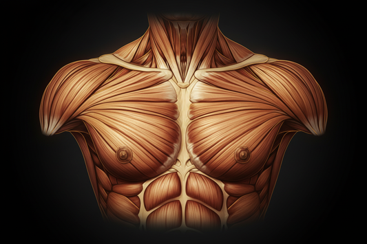 Anatomical illustration showing pectoral muscles, chest, and upper torso muscle structure.