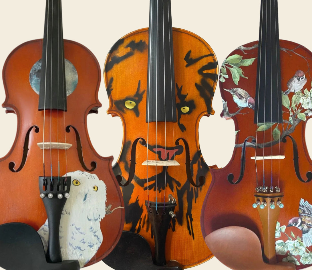 Custom decorated violins with owl, tiger, and bird hand-painted designs