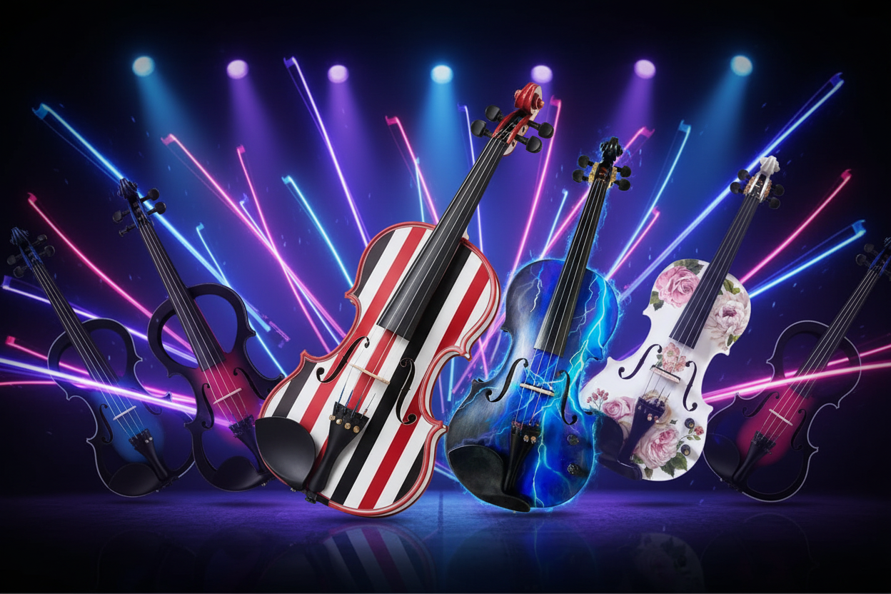 Decorated electric and acoustic violins with colorful designs on a stage with neon lights