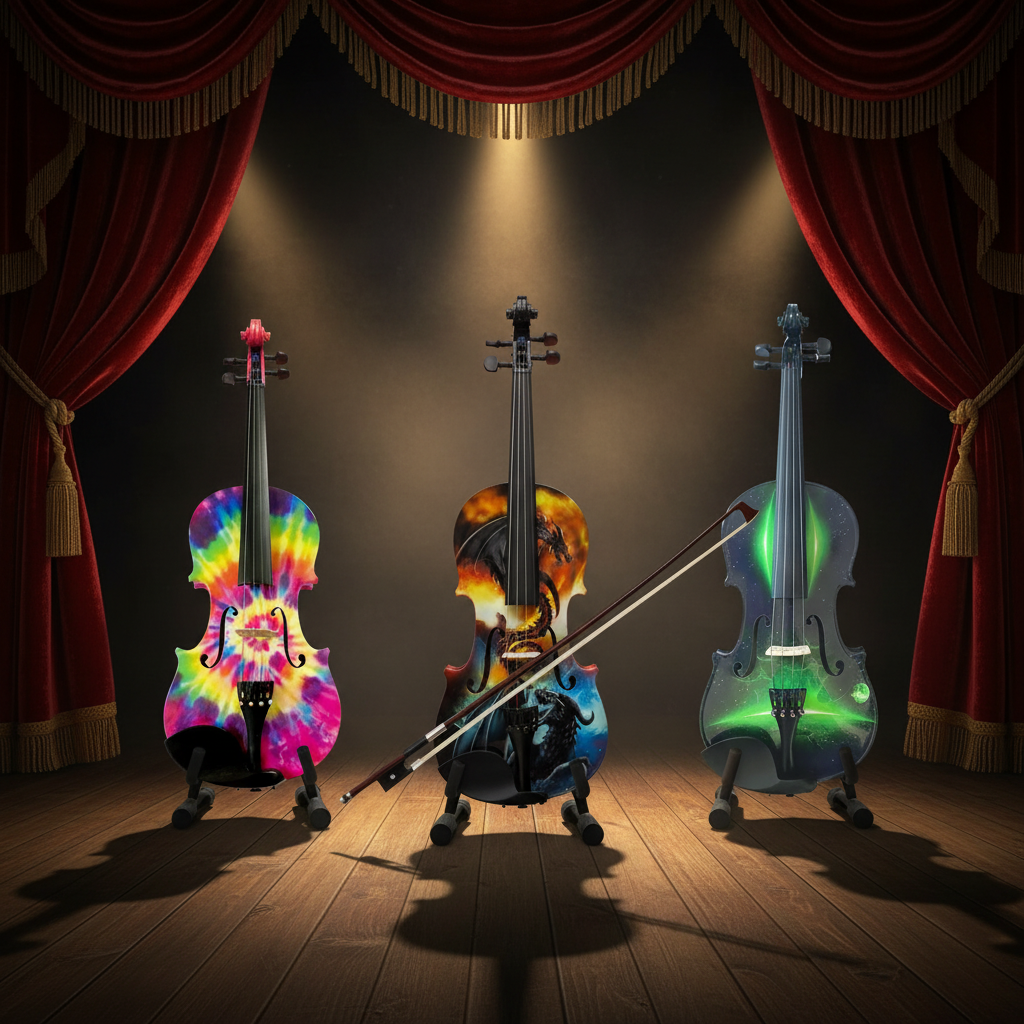 Three custom painted violins with vibrant designs on a theater stage with red curtains.