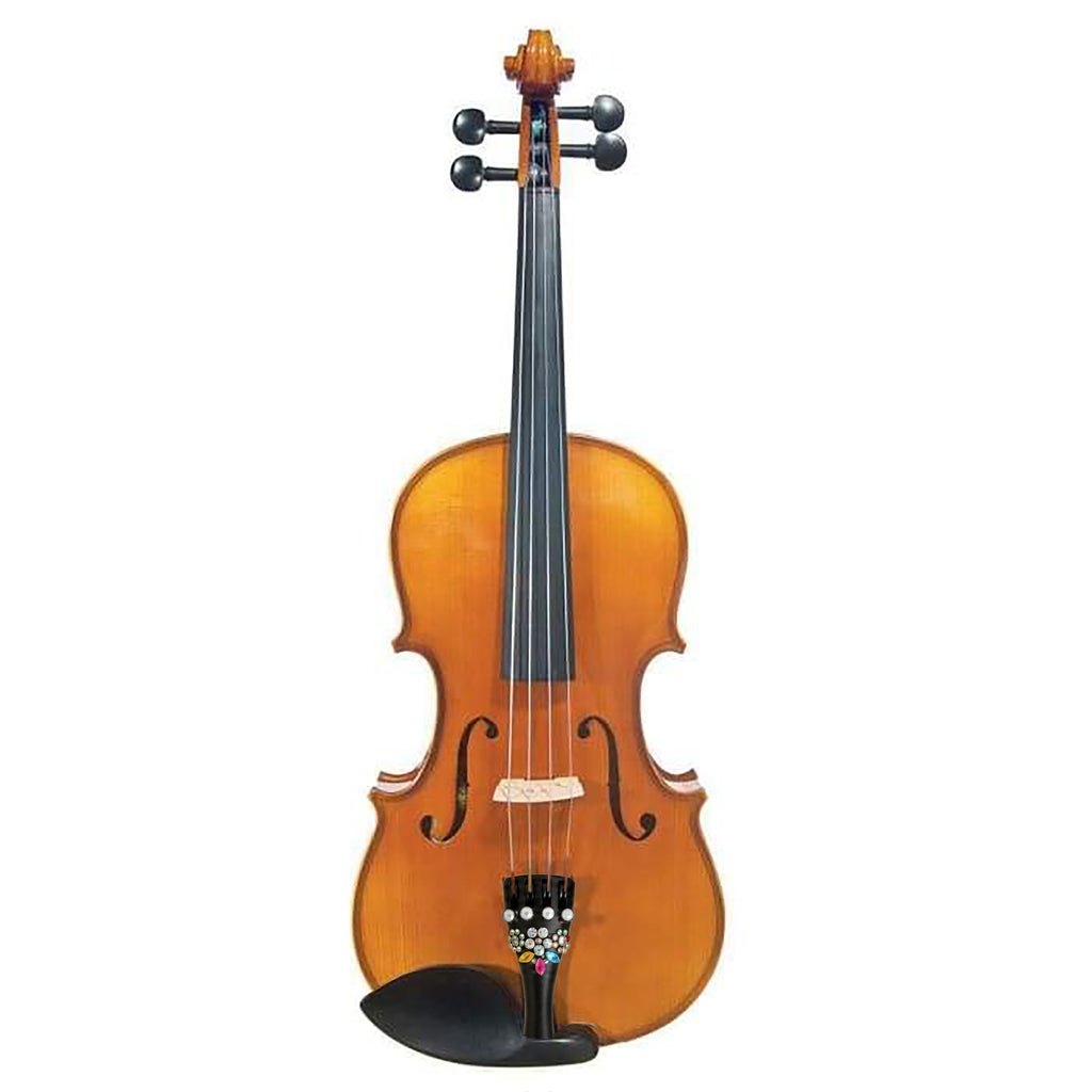 Rozanna's Lumina Student Violin Outfit – Floral Delight, showing floral crystal tailpiece design