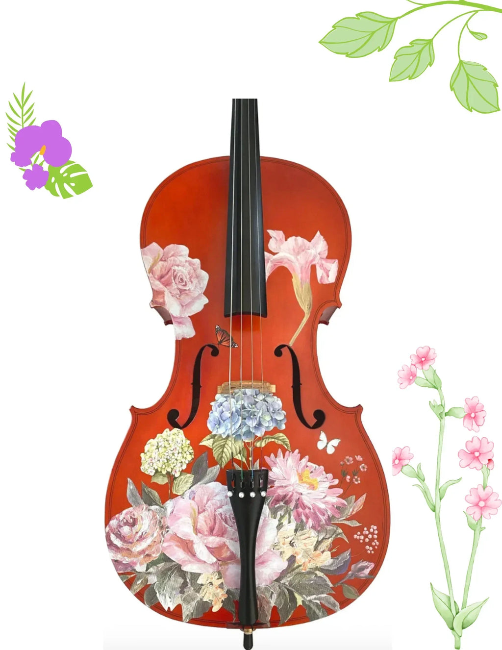 Floral Garden Cello Outfit | Rose & Hydrangea Design, Brazilwood Bow & Case - Rozanna's Violins