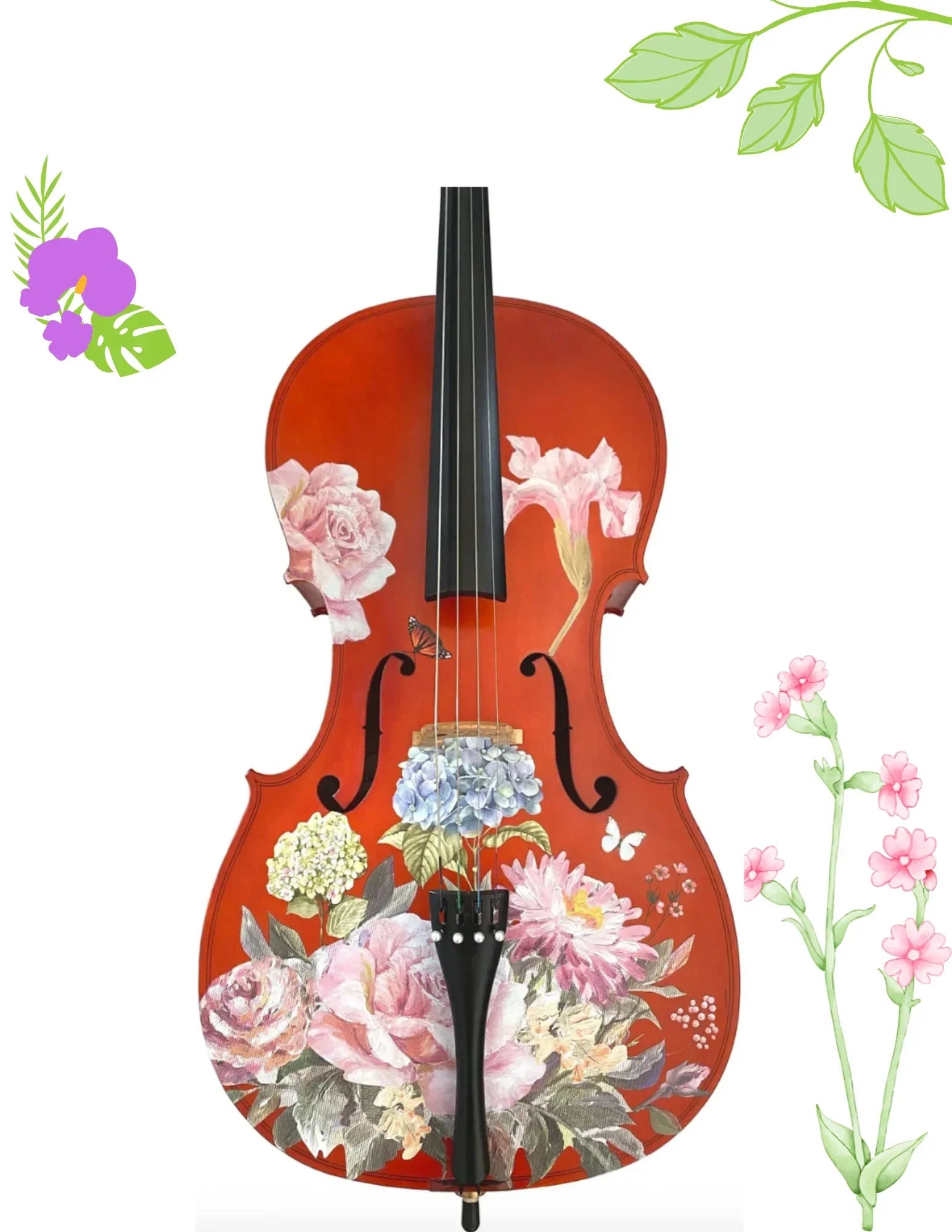 Floral Garden Cello Outfit | Rose & Hydrangea Design, Brazilwood Bow & Case - Rozanna's Violins