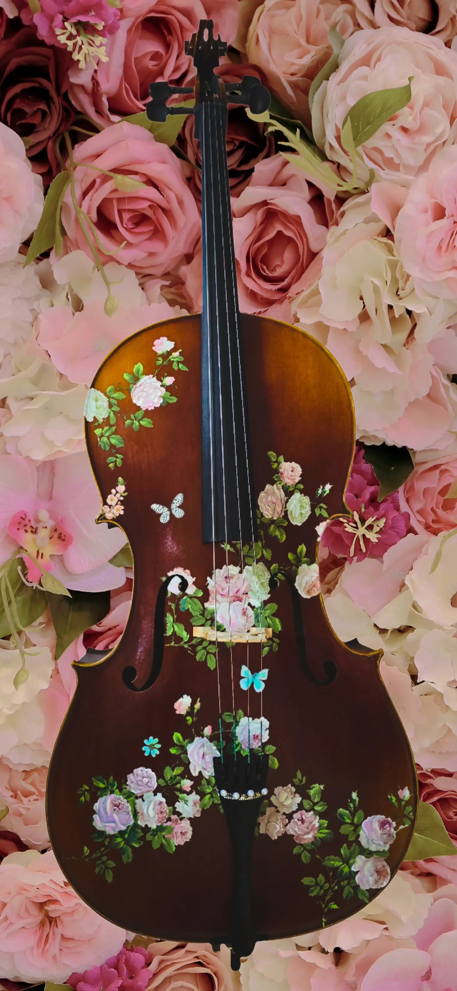 Rose Delight Cello Outfit | Pearl & Crystal Tailpiece, Brazilwood Bow & Case - Rozanna's Violins
