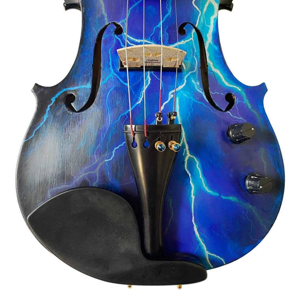 Electric Blue Lightning Violin | Electric-Acoustic with Machine Head Pegs & Carbon Bow - Rozanna's Violins