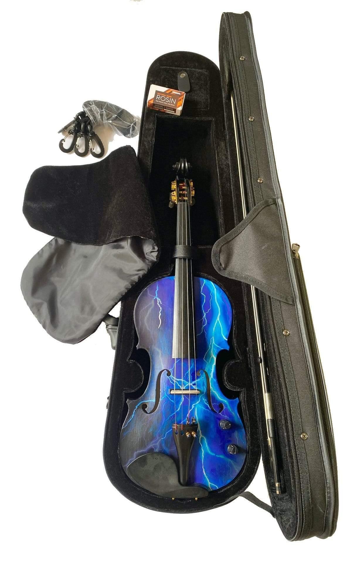 Electric Blue Lightning Violin | Electric-Acoustic with Machine Head Pegs & Carbon Bow - Rozanna's Violins