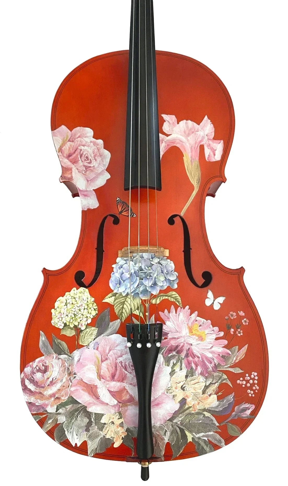 Floral Garden Cello Outfit | Rose & Hydrangea Design, Brazilwood Bow & Case - Rozanna's Violins