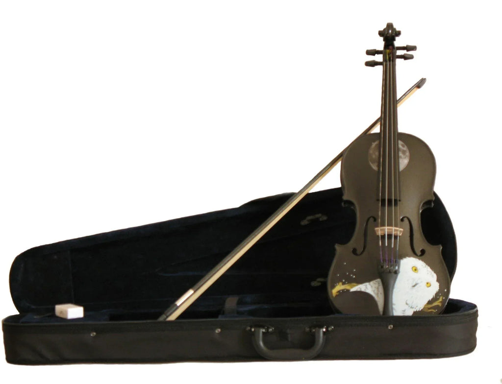 Mystic Owl Midnight Black Violin Outfit | Hand Applied Artwork & Bow - Rozanna's Violins